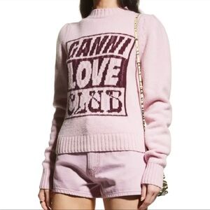 GANNI Sweater Graphic Love Club Lambswool in Pink Lavender Small NWT